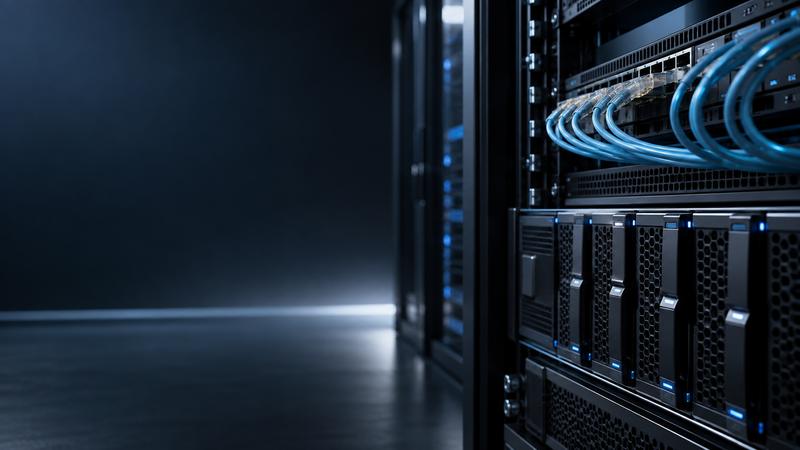 Raf içindeki mavi ağ kabloları ve disk yuvaları, yakın plan